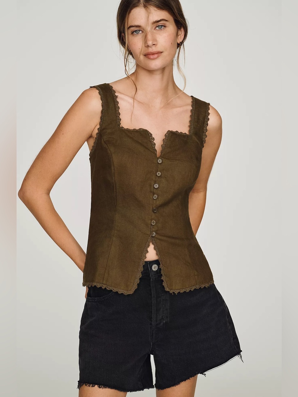 NWT Reformation Viola Dark Olive Linen Lace Button Front Top Size 10
